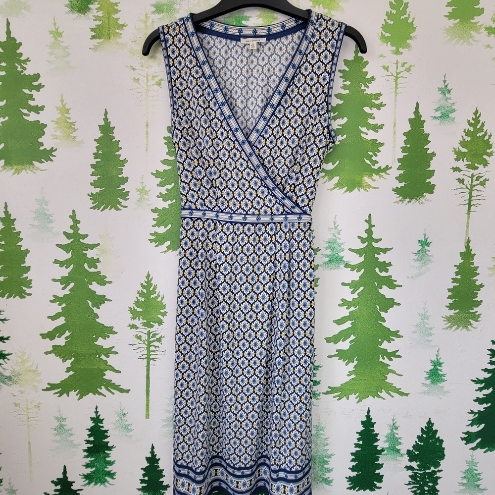 Max Studio Printed Faux Wrap Tie Waist Sleeveless Dress.